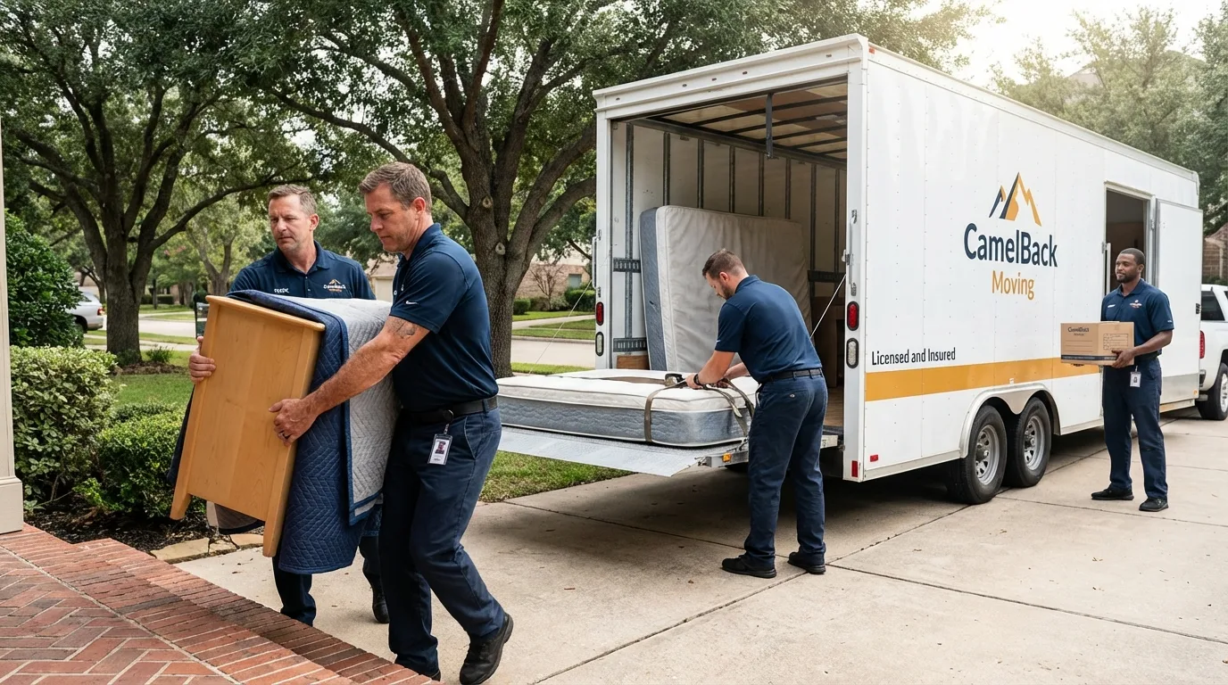 Crew loading residential truck for cross-state move from Waterford, WI