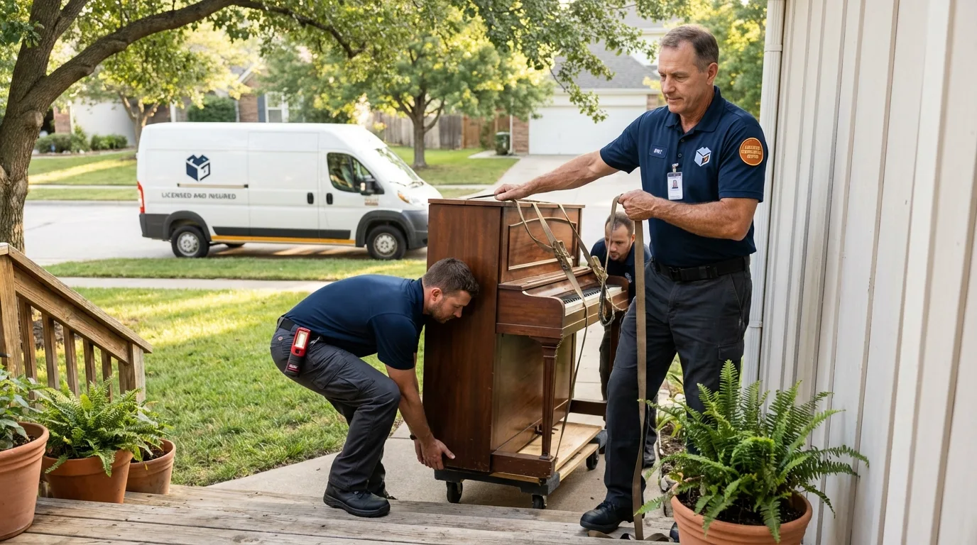Licensed piano movers securing grand piano in Waterford, WI