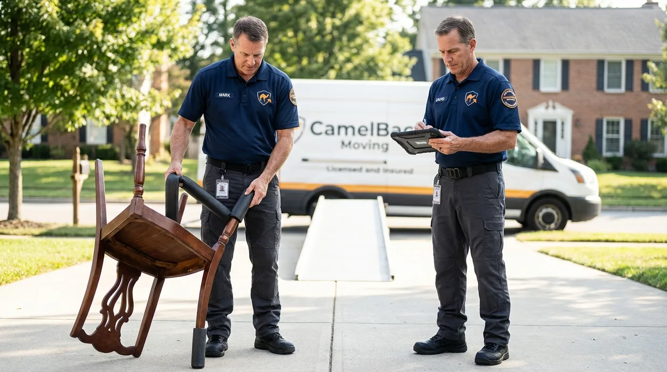Movers inspecting furniture for damage prevention before loading in Waterford, WI