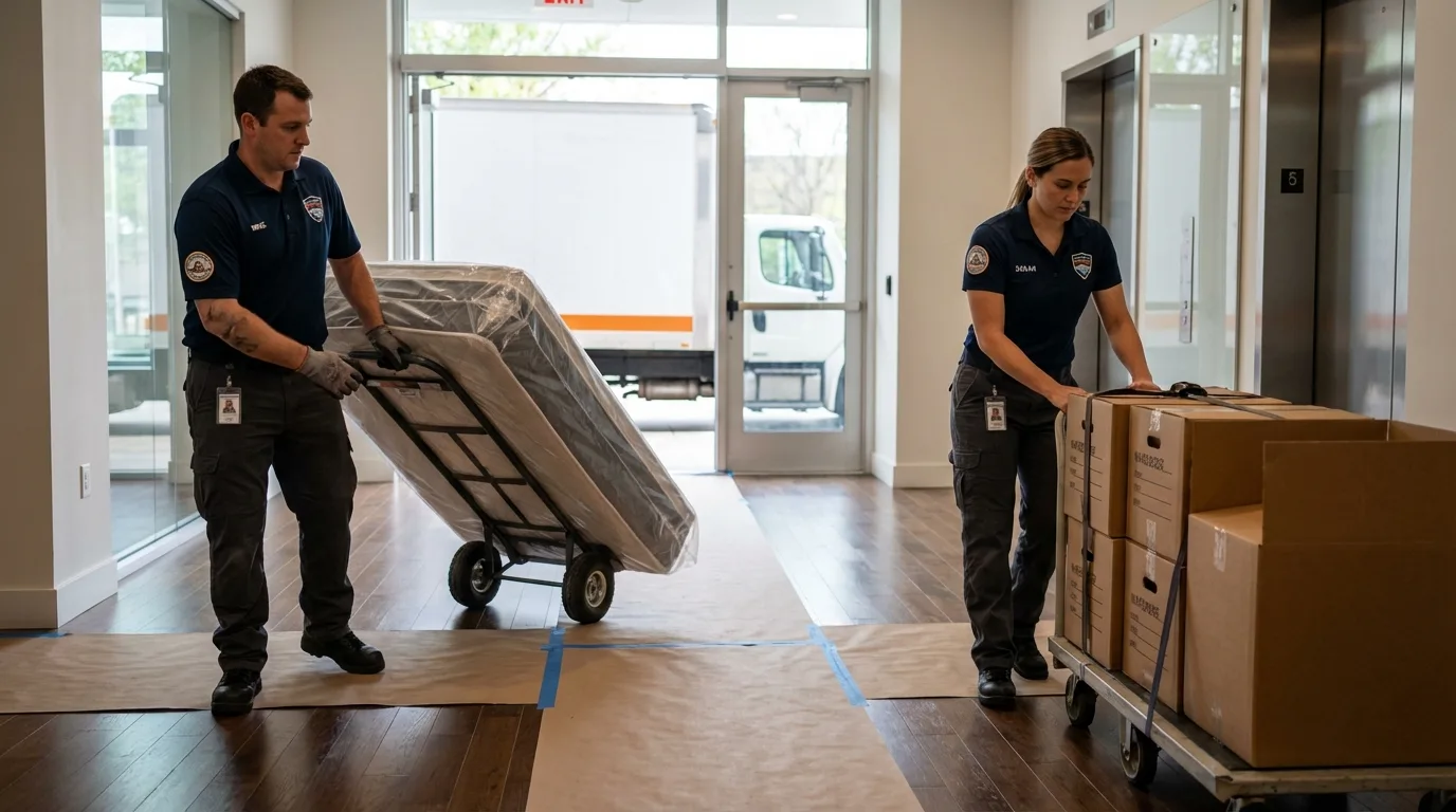 Professional apartment movers loading elevator in Waterford, WI