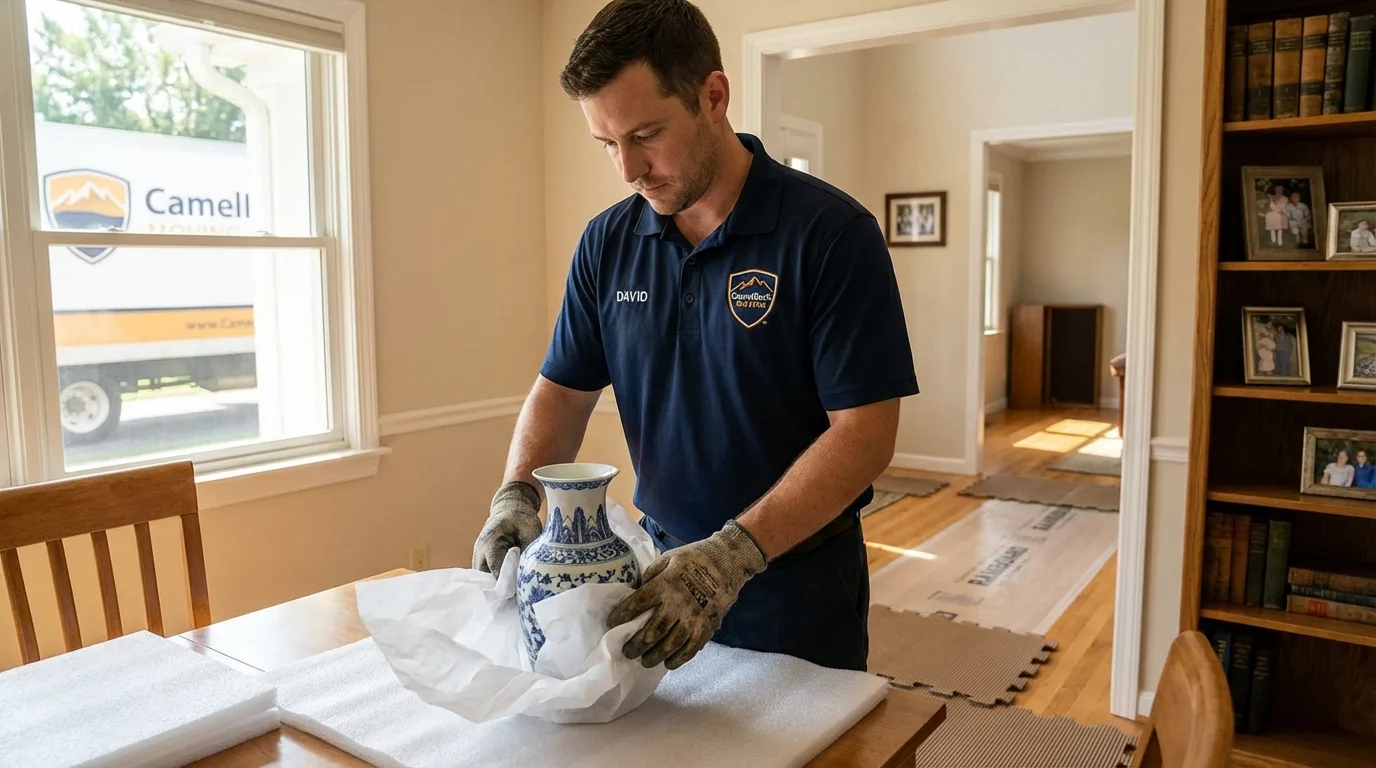 Professional crew carefully wrapping antique vase for senior downsizing move in Waterford, WI