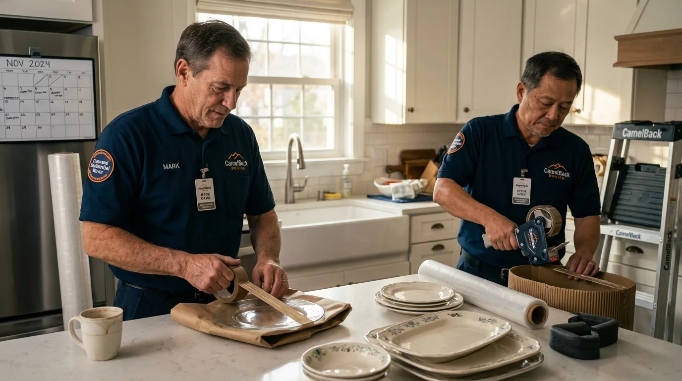 Professional crew packing kitchen dishware in Waterford, WI